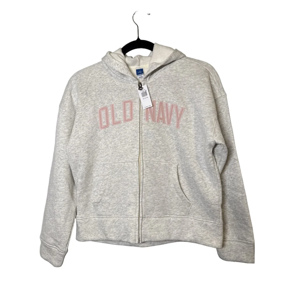 Old Navy Girls Hoodie XL 14–16 Heather Gray Pink Logo Full Zip NWT